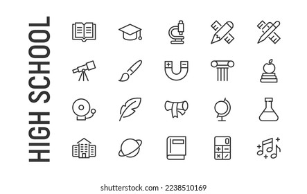 Vector set of high school thin line icons. Design of 20 stroke pictograms. Signs of high school isolated on a white background.