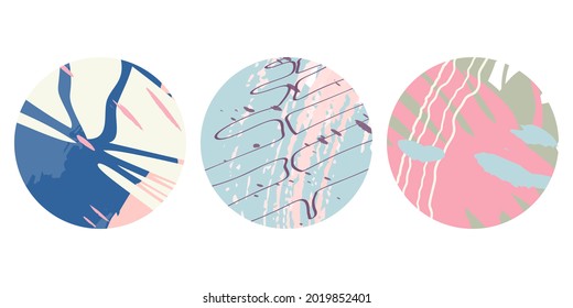 Vector set of highlight icon cover buttons. Colorful feminine circle shapes with organic abstract drawings. Blog, website, social media account templates for buttons.