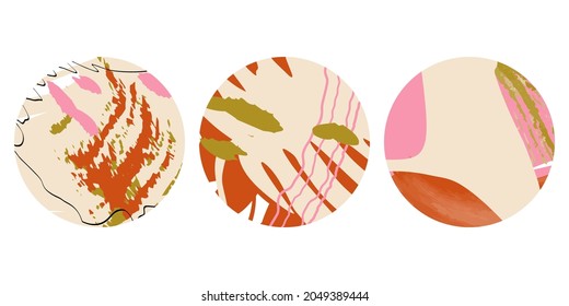 Vector set of highlight icon cover buttons. Colorful feminine circle shapes with organic abstract drawings. Blog, website, social media account templates for buttons.