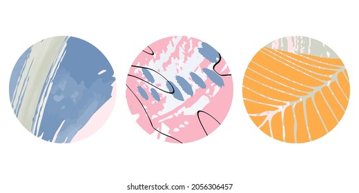 Vector set of highlight icon cover buttons. Colorful feminine circle shapes with organic abstract drawings. Blog, website, social media account templates for buttons.