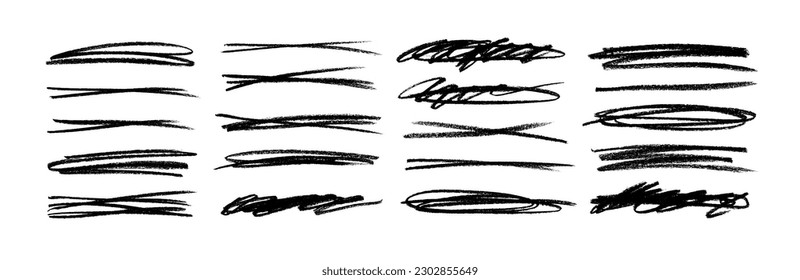 Vector set of highlight lines and underlines. Brush drawn striketrough collection. Scribble underline markers set. Horizontal hand drawn marker stripes. Scratch lines isolated on white background.