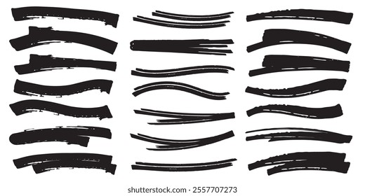 Vector set of highlight lines and underlines. Brush drawn striketrough collection. Scribble underline markers set. Brush strokes, ink paint brush, grunge lines. 