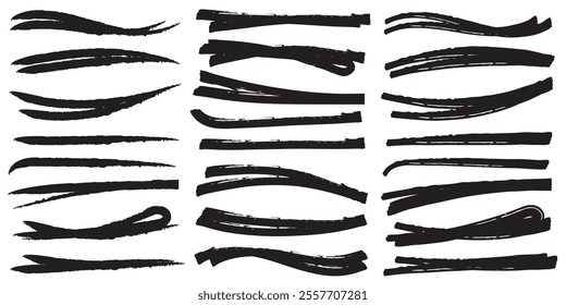 Vector set of highlight lines and underlines. Brush drawn striketrough collection. Scribble underline markers set. Brush strokes, ink paint brush, grunge lines. 