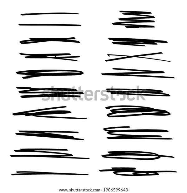 Vector set of highlight lines and\
underlines. Collection of hand drawn strikethrough graphic marker\
elements. Stock illustration isolated on white\
background.