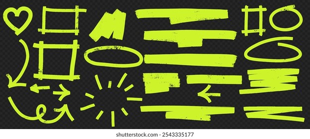 Vector set of highlight markers, swirl lines and arrows. Emphasis shapes and heart doodles with hand drawn strokes. Abstract sketchy elements for text.