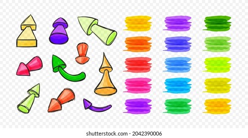 Vector Set of Highlighter 3D Arrow Drawings and Strokes Isolated on White Background, Different Colors Illustration, Freehand Drawings Set.