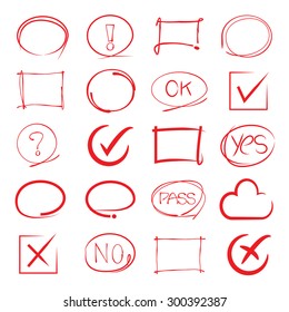 vector set of highlighter elements, red circles, frames, check marks