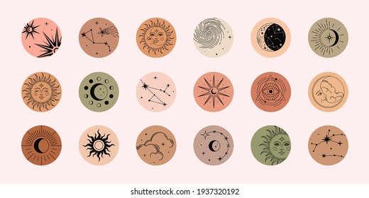 Vector set of highlights with moon, sun, clouds, stars and constellations. Mystical magic elements, spiritual occultism objects. Trendy colors, minimal style.