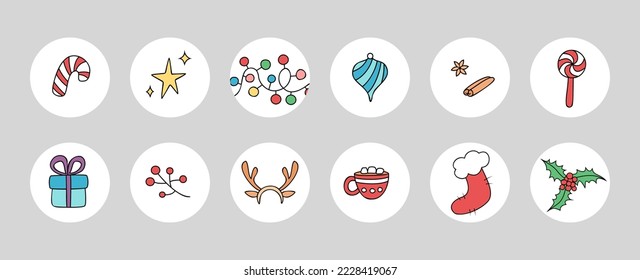 Conjunto vectorial de puntos destacados para los medios sociales. Elementos coloridos de Navidad: caja de regalo, caramelos, medias, ramas, bombillas y chispas.