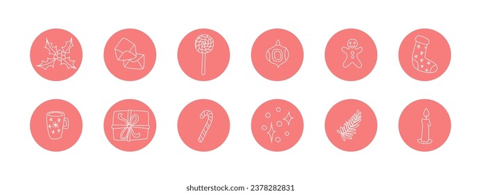 Vector set of highlights for social media. Christmas elements: holly, gift box, candies, sock, gingerbread man, bulb and sparkles.