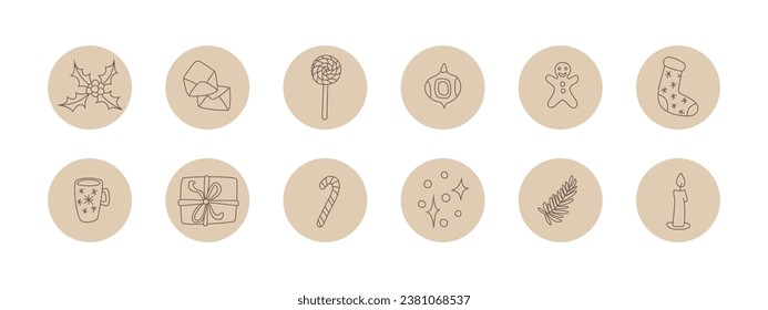 Vector set of highlights for social media. Christmas elements: holly, gift box, candies, sock, gingerbread man, bulb and sparkles.