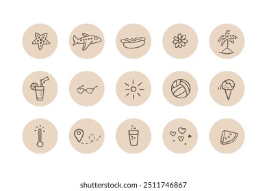 Vector set of highlights for social media. Summer elements: plane, food, sun, ice cream, watermelon, sunglasses and others.