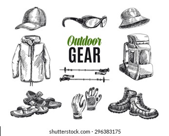 Vector set of highly detailed hand drawn camping stuff. Vintage signs collection.