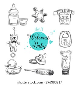 Vector set of highly detailed hand drawn baby stuff. Vintage signs collection.