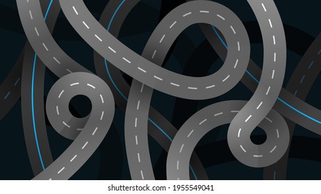 Vector conjunto carreteras de carretera arriba ver ilustración moderna. Ruta de la ciudad unción viaducto noche neón fondo oscuro