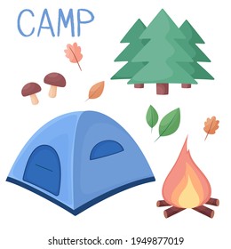 Vector set of hike in vitnage style. Camp in cartoon style. Camping elements isolated on white background.
