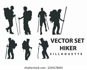 conjunto vectorial de la aventura de Hiker y backpaker diferente estilo Silhouettes, escalada, camping, montaña, aislado en fondo blanco 