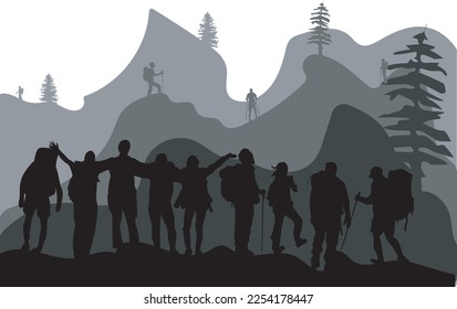 conjunto vectorial de la aventura de Hiker y backpaker diferente estilo Silhouettes, escalada, camping, montaña, aislado en fondo blanco 