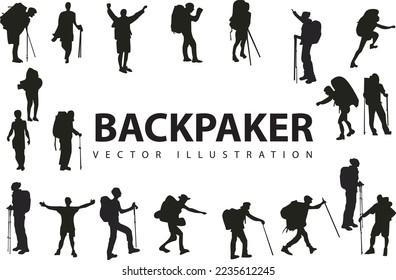 vector set of Hiker diferent style Silhouettes on white background 