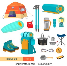 Vector set of hiking equipment in flat catroon style. Camping elements. Tent,  backpack, rope, boots, sleeping bag,  chair, hiking sticks etc.