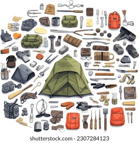 Vector Set Hiking - Featuring a collection of camping equipment. This versatile illustration includes various tools essential for outdoor adventures. From tents and backpacks to compasses and boots