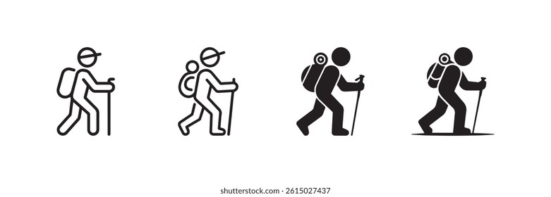 Vector set of hiking icons showing hikers with backpacks and walking sticks perfect for outdoor travel adventure and trekking designs