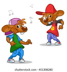 Vector set of hip-hop dancing mouses. Illustration of street dancer in fancy clothes 