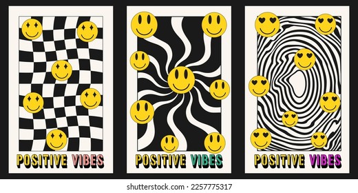 Conjunto de vectores de afiches hipie con caras de dibujos animados. Placard con sonrisas divertidas caras al estilo de moda de los años 90.