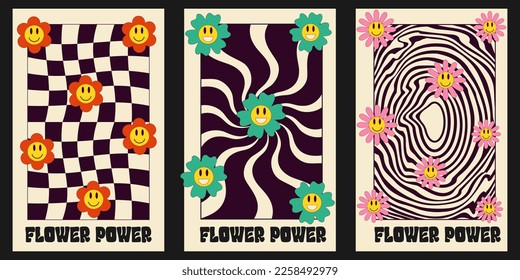 Vector set of hipie posters with cartoon groovy daisy.Flower power. Placard with funny smile faces in trendy 70s style.