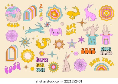 Vector set of hippie rabbits. Retro 70s styles, psychedelic shapes and colors. Hare new year