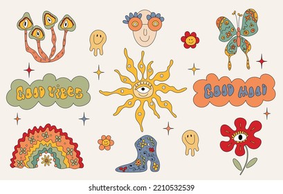 Vector set of hippie retro design elements.Flower,mushrooms,sun,butterfly,rainbow. Vintage stickers.