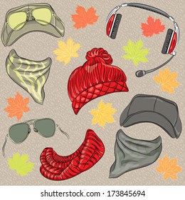 Vector set hipster autumn hats, scarves, glasses, headphones