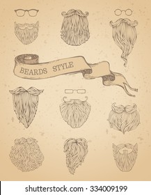 Vector set of hipster beards and eyeglasses. Fashion hand-drawn sketch vintage illustration. Retro template.