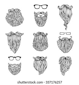 Vector set of hipster beards and eyeglasses. Fashion sketch illustration isolated on white background.