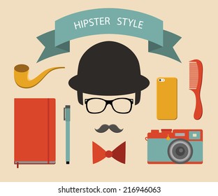 Vector set of hipster elements in flat style. Hipster vintage collection  with fashion sunglasses, vintage camera, mobile phone, notebook, comb, bow, pen, tobacco pipe, ribbon, retro hat and mustache