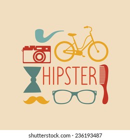 Vector set of hipster elements in flat style. Hipster vintage collection  with fashion sunglasses, vintage camera, comb, bow, tobacco pipe, mustache and text Hipster