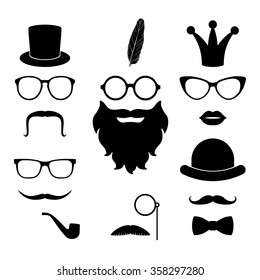 Vector Set Of Hipster Elements - Mustache, Glasses, Beard, Hat, Lips, Whisker, Crown, Feather, Monocle. Best Match Elements For Photo Sessions And Party. Masks Set. Party Mask. Mask Collection