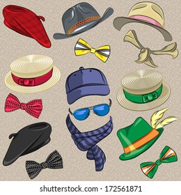 Vector set hipster hats, scarves, bow tie, glasses