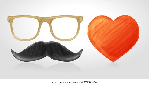 Vector set of hipster icons for web, painted glasses, mustache and heart