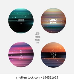 Vector set of hipster image in decorative planets or balls.