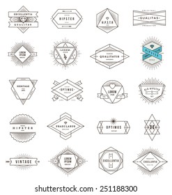 Vector set of hipster line emblems and signs with sunburst