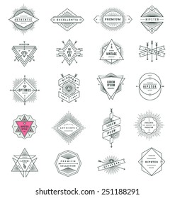 Vector set of hipster line signs and emblems with sunburst