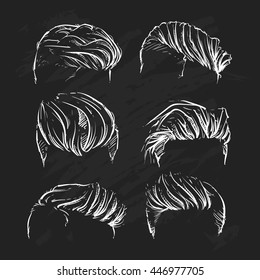 Vector set of hipster man hair style. Hand drawn vector illustration on a black background