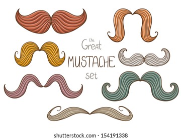 Vector set of hipster mustache in different colors and shapes.