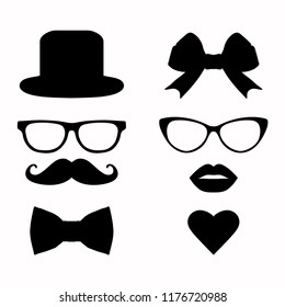 Vector set of hipster mustache with glasses, heart and lips. Ladies' and men's accessories