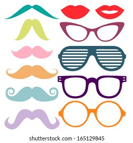 Vector set of hipster mustache with glasses, heart and lips