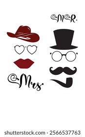 Vector set of hipster mustache with glasses, heart and lips. Ladies' and men's accessories