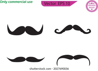 Vector set of hipster mustache. Set of Mustaches. Black silhouette of adult man moustaches. Symbol of Fathers day. Transparent background. 