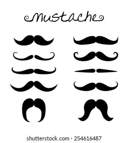 Vector set of hipster mustache, ten variation. Black men mustaches collection, simple style, silhouette drawing design, vector art image illustration, isolated on white background