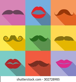 Vector set of hipster mustache and women lips